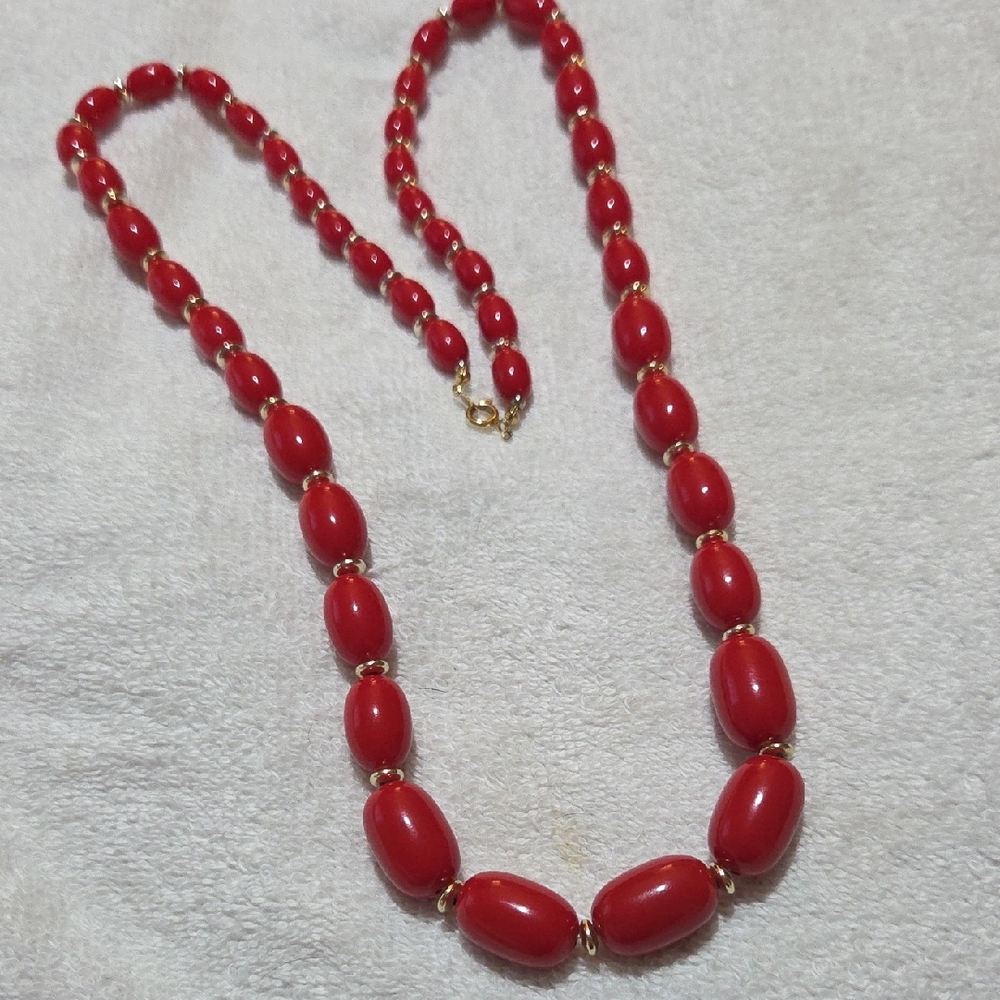 Vintage, Red Plastic Beaded Necklace